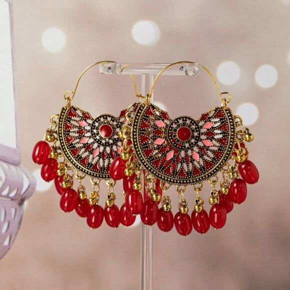 Boho Statement Earrings – Red & Gold - Picture 1 of 4